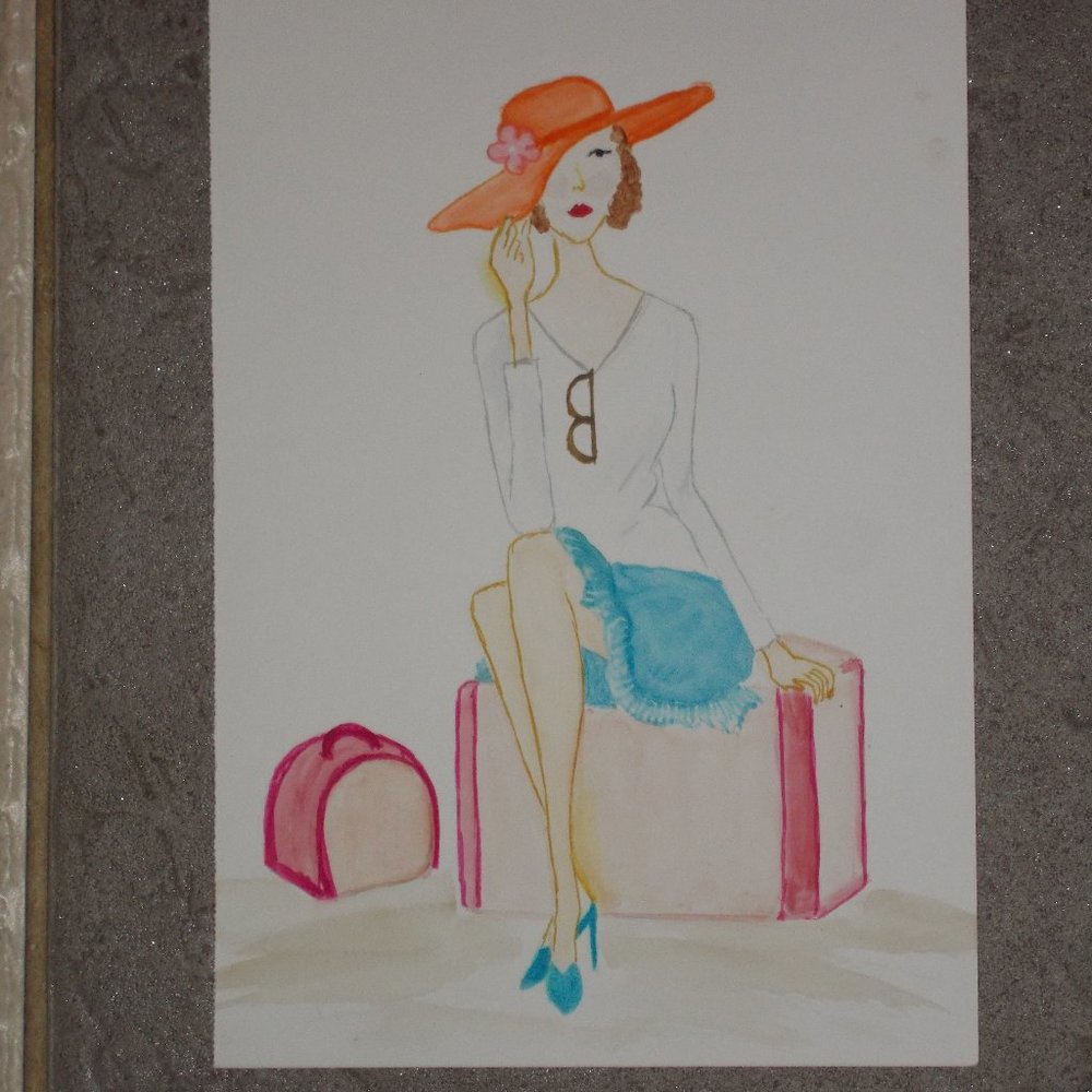 New Traveling Lady watercolor painting 7"x10"